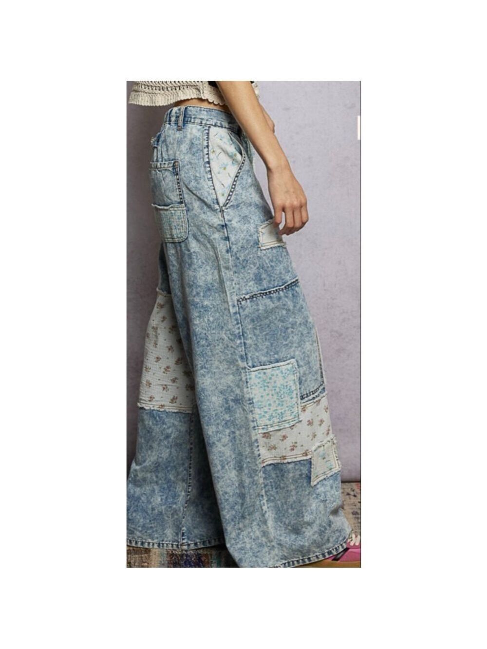 New POL Denim Patchwork Boho Chic Baggy Y2K Free People Vibe Pants Sizes M, L - Picture 3 of 9